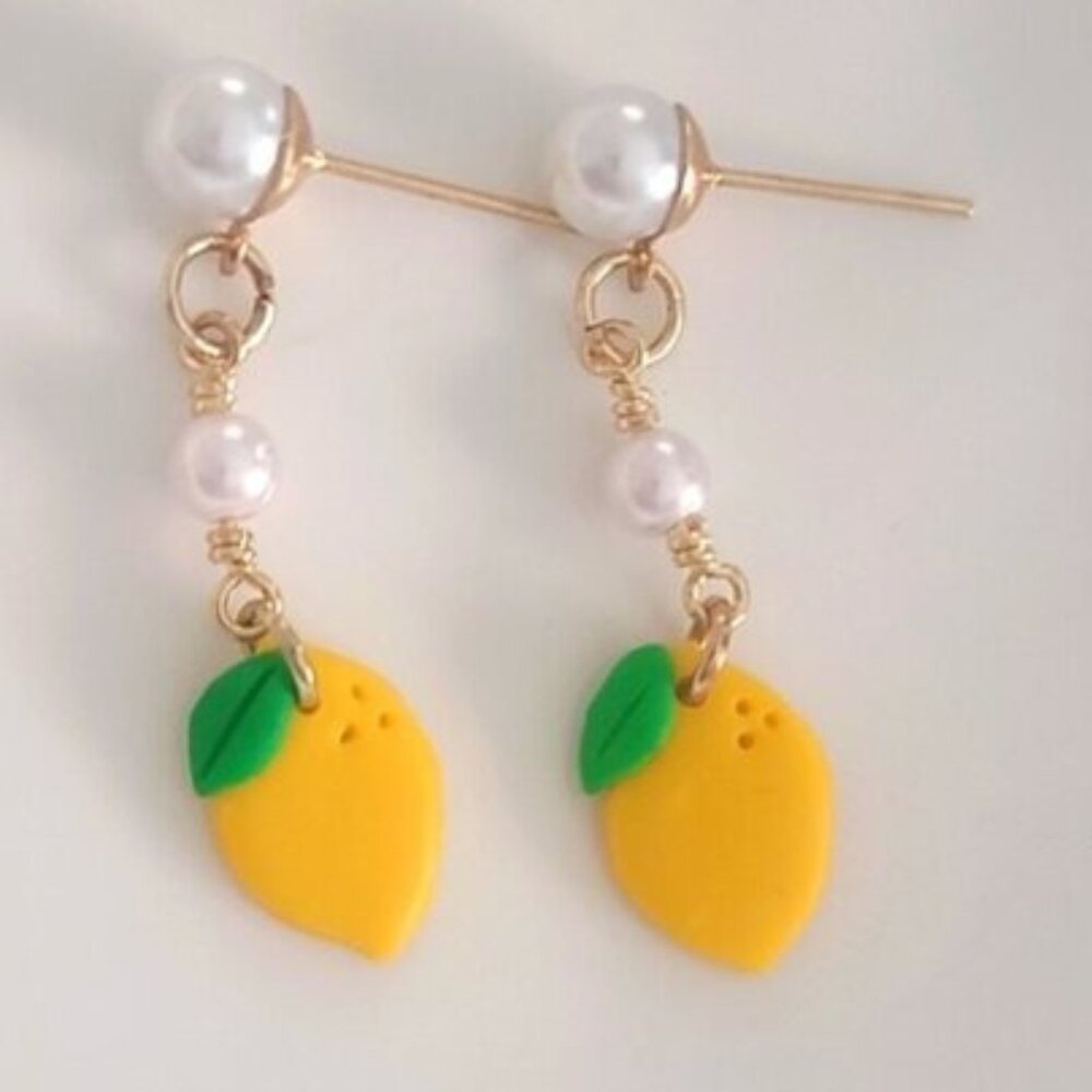 Cute Unique Gold Polymer Clay Pearl Lemon Dangle Drop Summer Earrings
